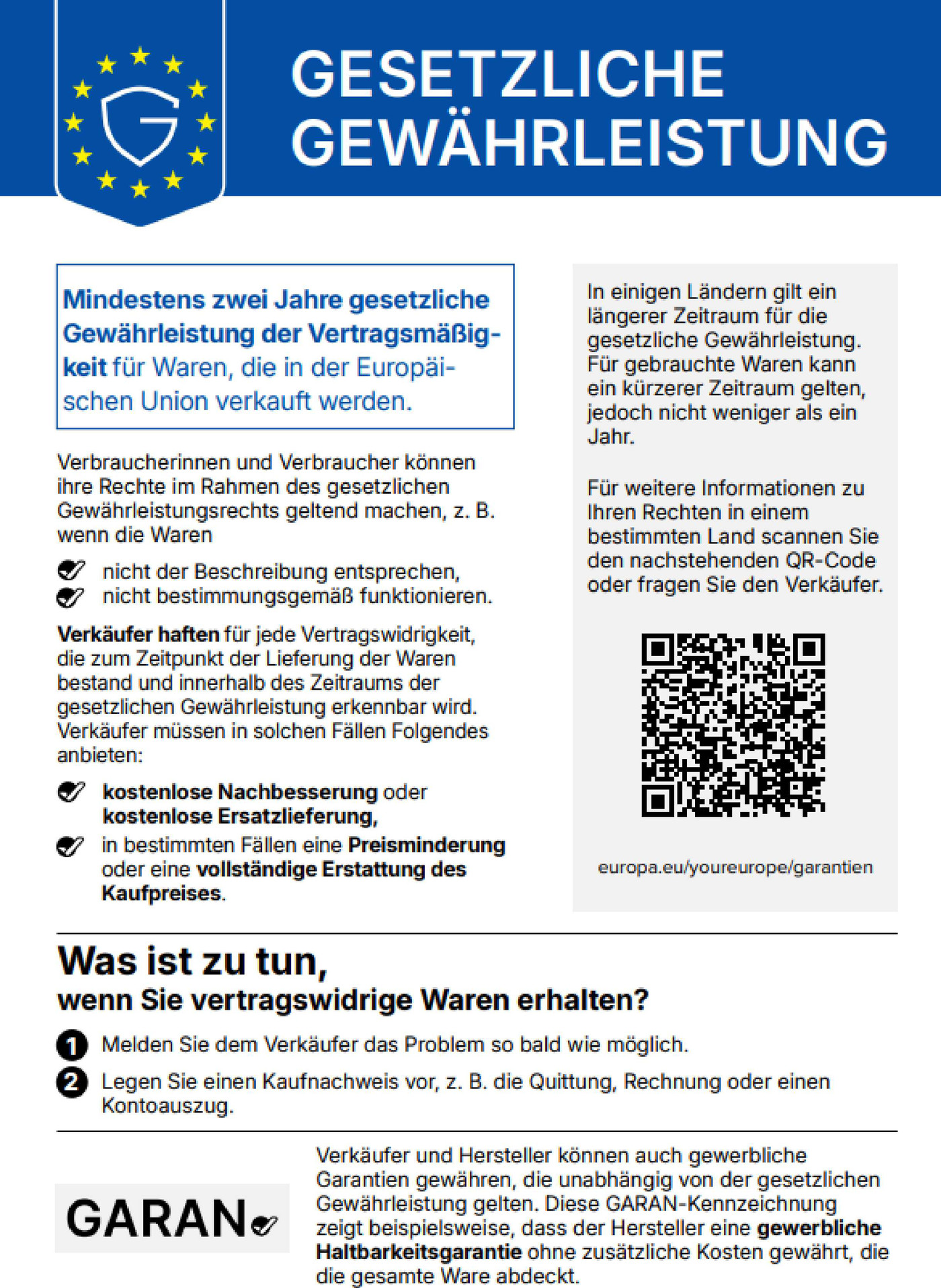 Gesetzliche Gewährleistung – Mindestens zwei Jahre gesetzliche Gewährleistung der Vertragsmäßigkeit für Waren, die in der Europäischen Union verkauft werden. Harmonisierte Mitteilung gemäß Durchführungsverordnung (EU) 2025/1960.